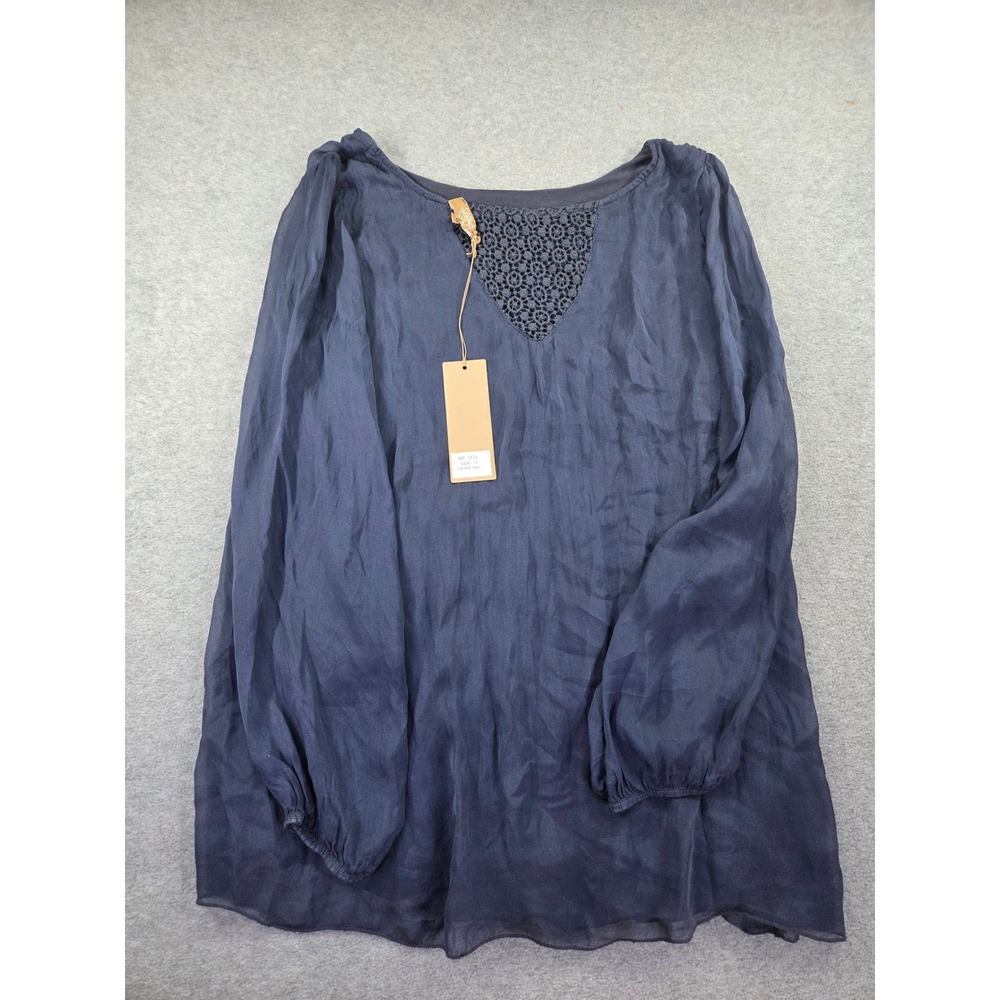 Carla Conti Womens Silk Crochet Lace Ruffle Blouse Large Navy Blue Boho Romantic
